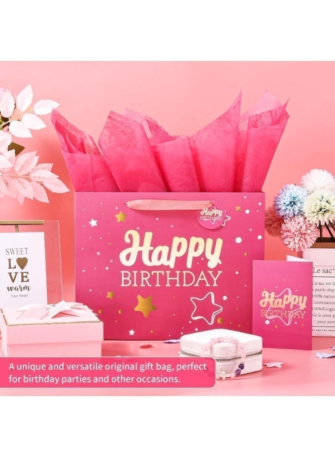 JOSQUEWNN Pink Happy Birthday Gift Bag with Tissue Paper and Greeting Card for Party,Happy Birthday Gift Bag for Men Women,Gift Bags Medium size(1 PCS 33*12*26cm Pink Hot Stamping) - Image 2